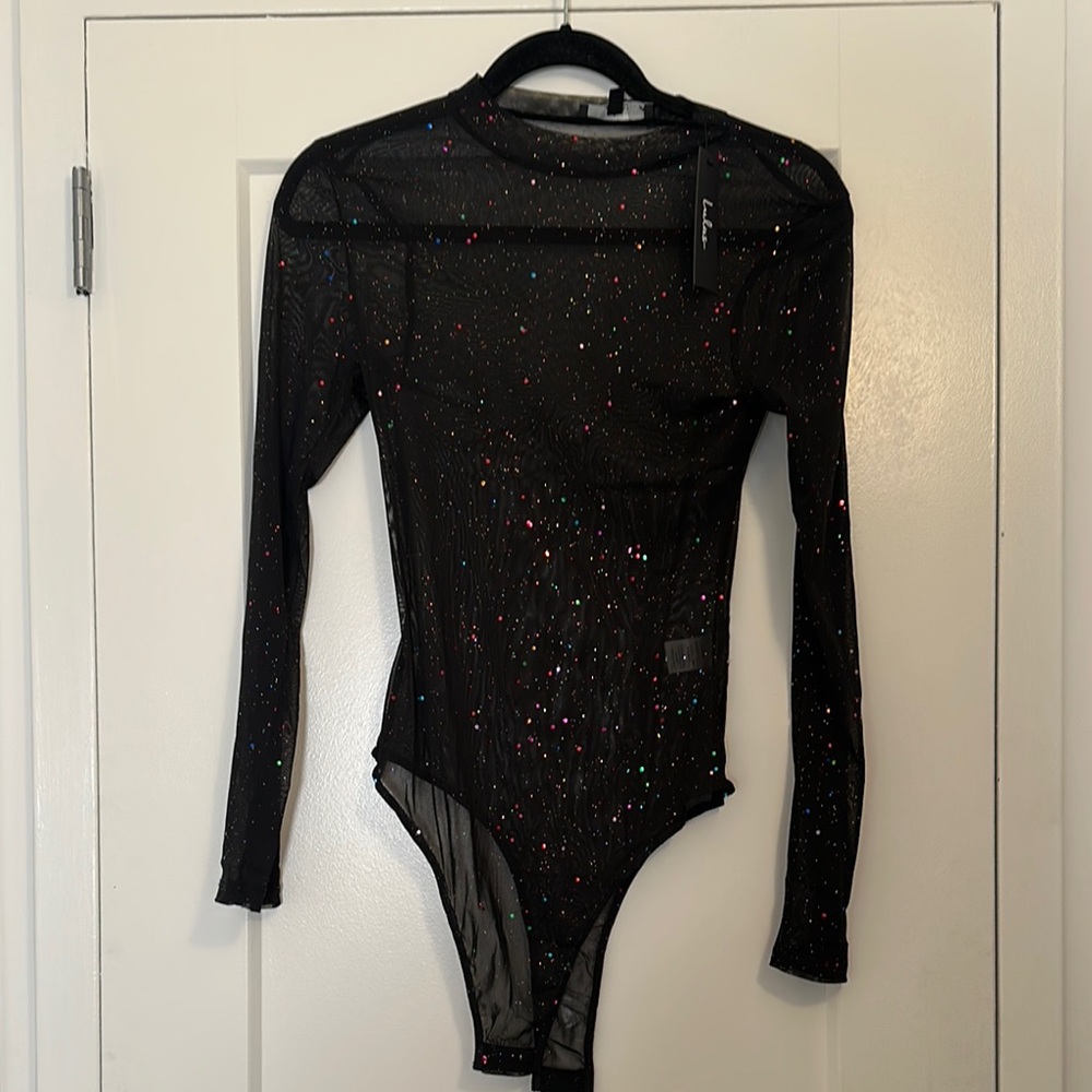 Lulus Black Sheer Bodysuit with Sparkles